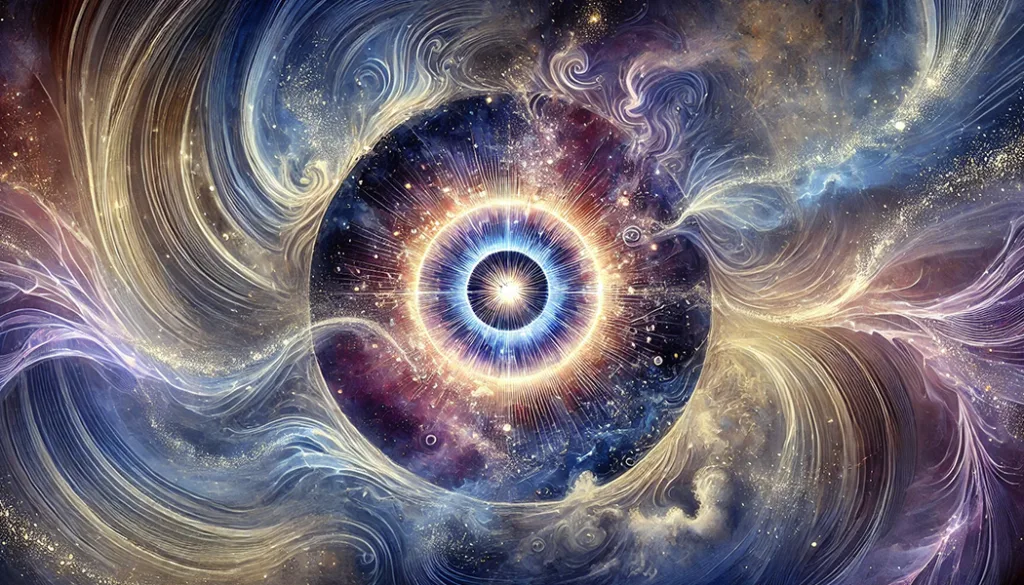 Spirituelles Aquarellbild mit leuchtender Energie in Gold, Blau und Violett – Symbol für die Öffnung des dritten Auges.