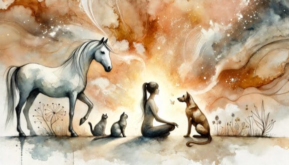 Tierkommunikation: Die Sprache der Tiere verstehen und anwenden 8 Frau kommuniziert telepathisch mit Hund, Katze und Pferd